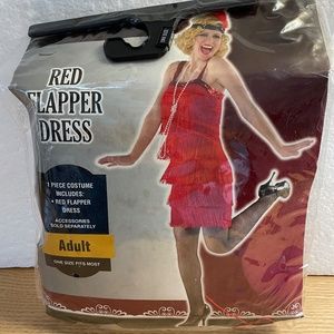 Flapper Halloween Costume Womens One Size Red Dress Headband Fishnets Cosplay
